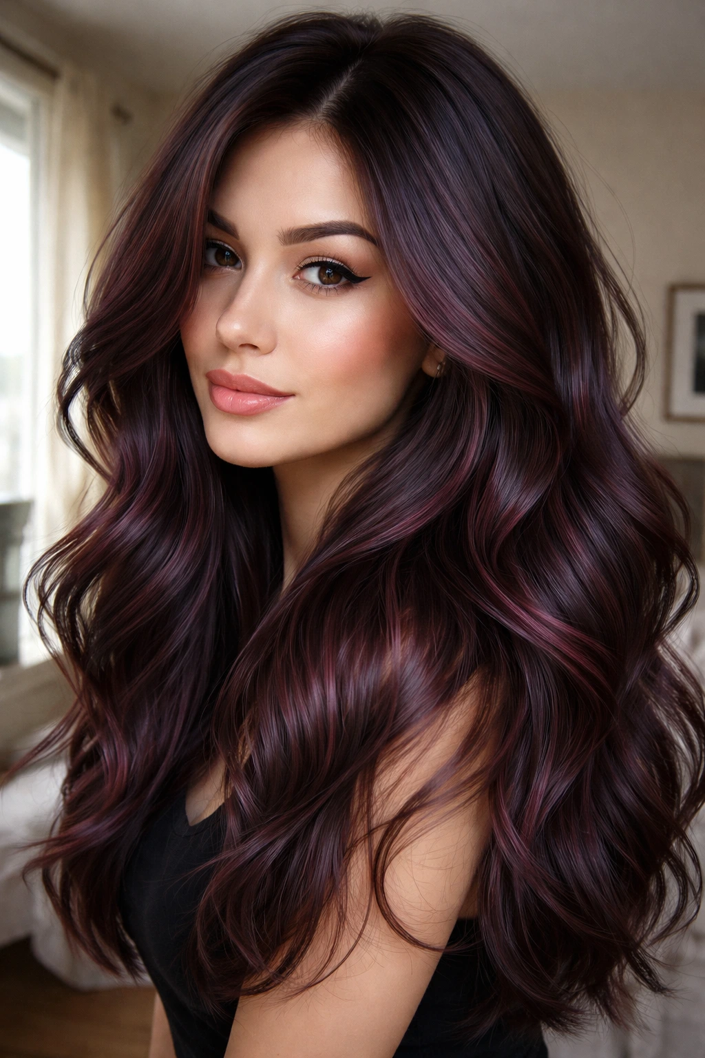 Close-up of a real person with cool brown hair showing violet-burgundy highlights