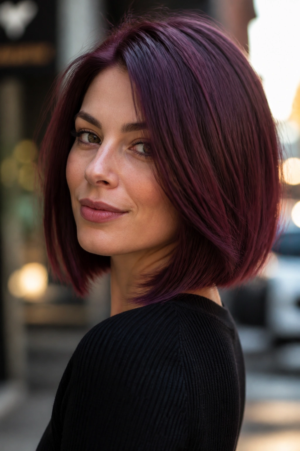 Violet burgundy long bob on a real person