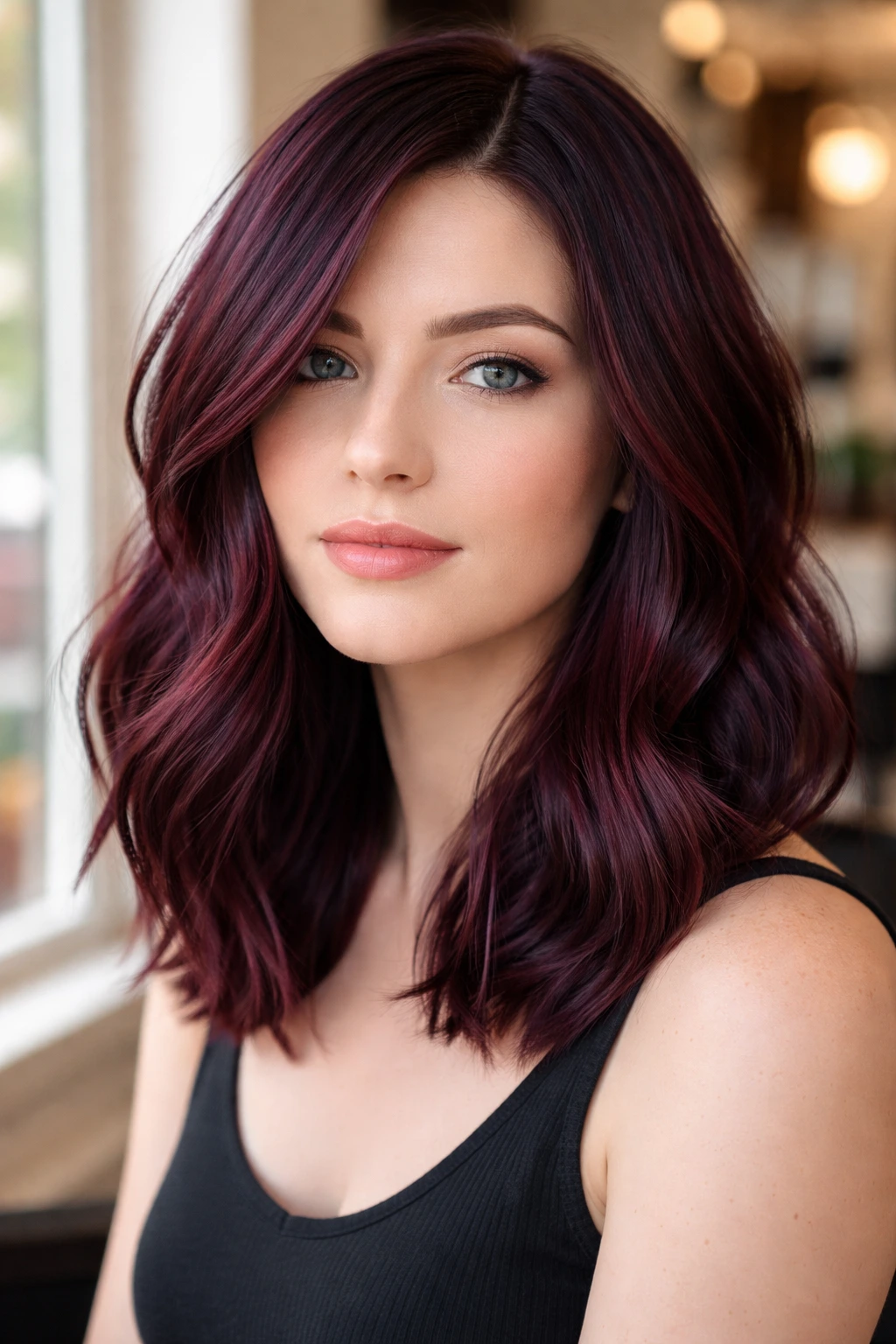 Close-up of a real woman with violet burgundy lob, color shifts with light