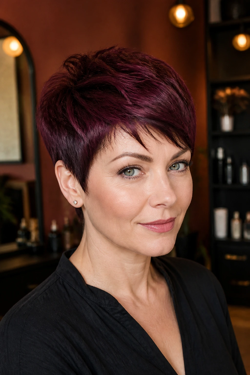 Close-up portrait of a real person with violet burgundy pixie cut.