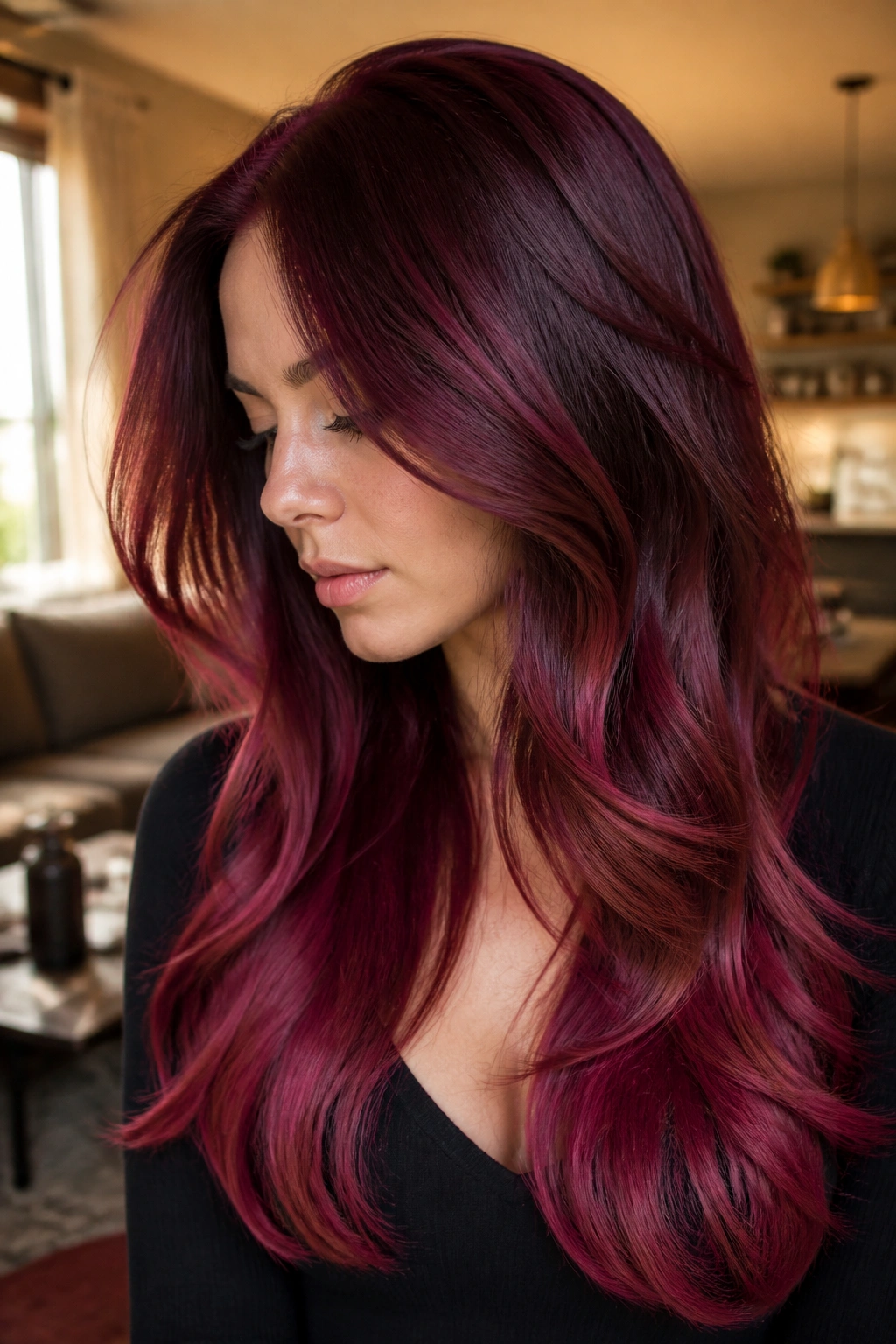 Close-up of a real woman with violet cherry melt hair from root to tip.