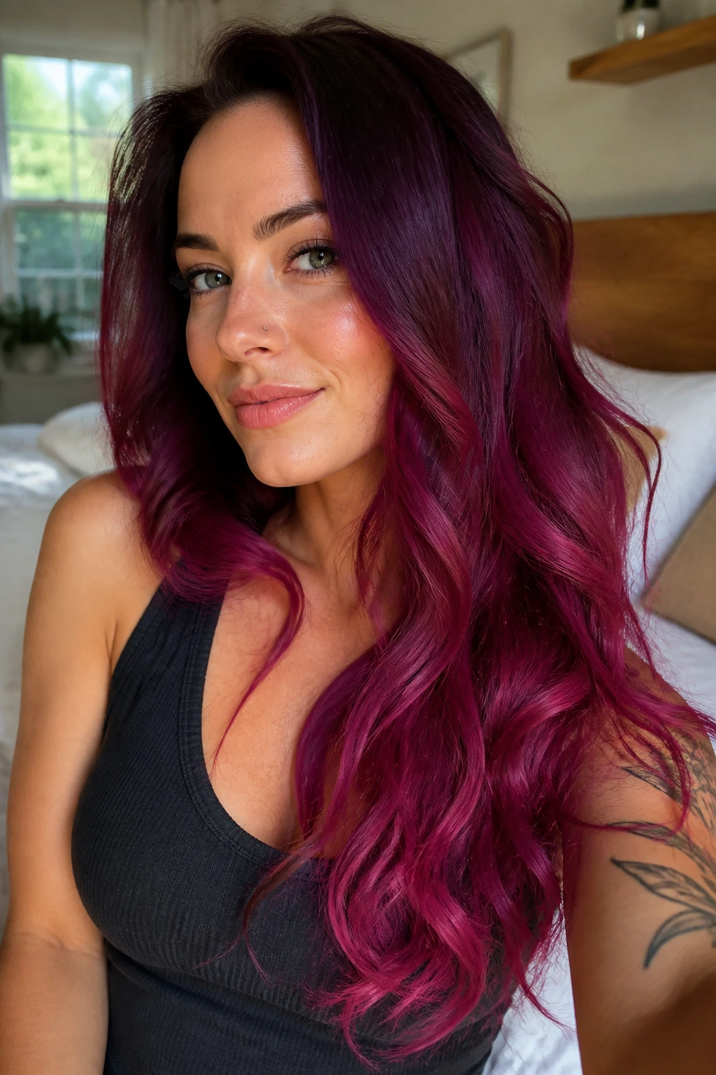 Close-up portrait of a real woman with violet cherry ombre hair from roots to ends.