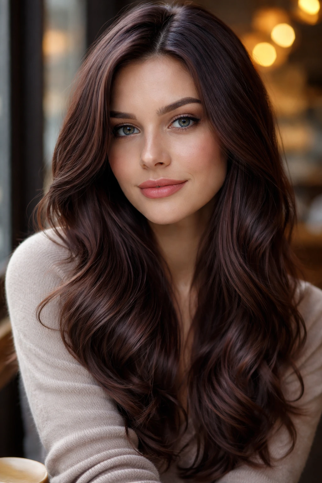 Close-up portrait of a person with violet chestnut brown hair and blue-violet glaze.