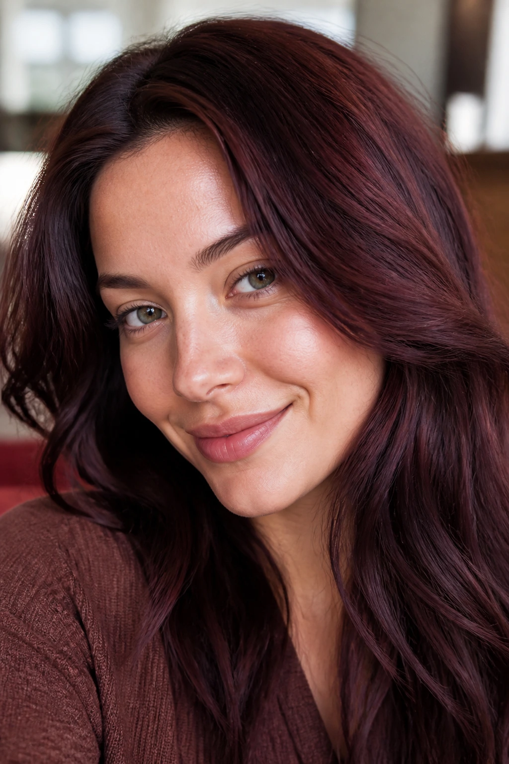 Close-up of a real woman with violet chestnut hair framing her face