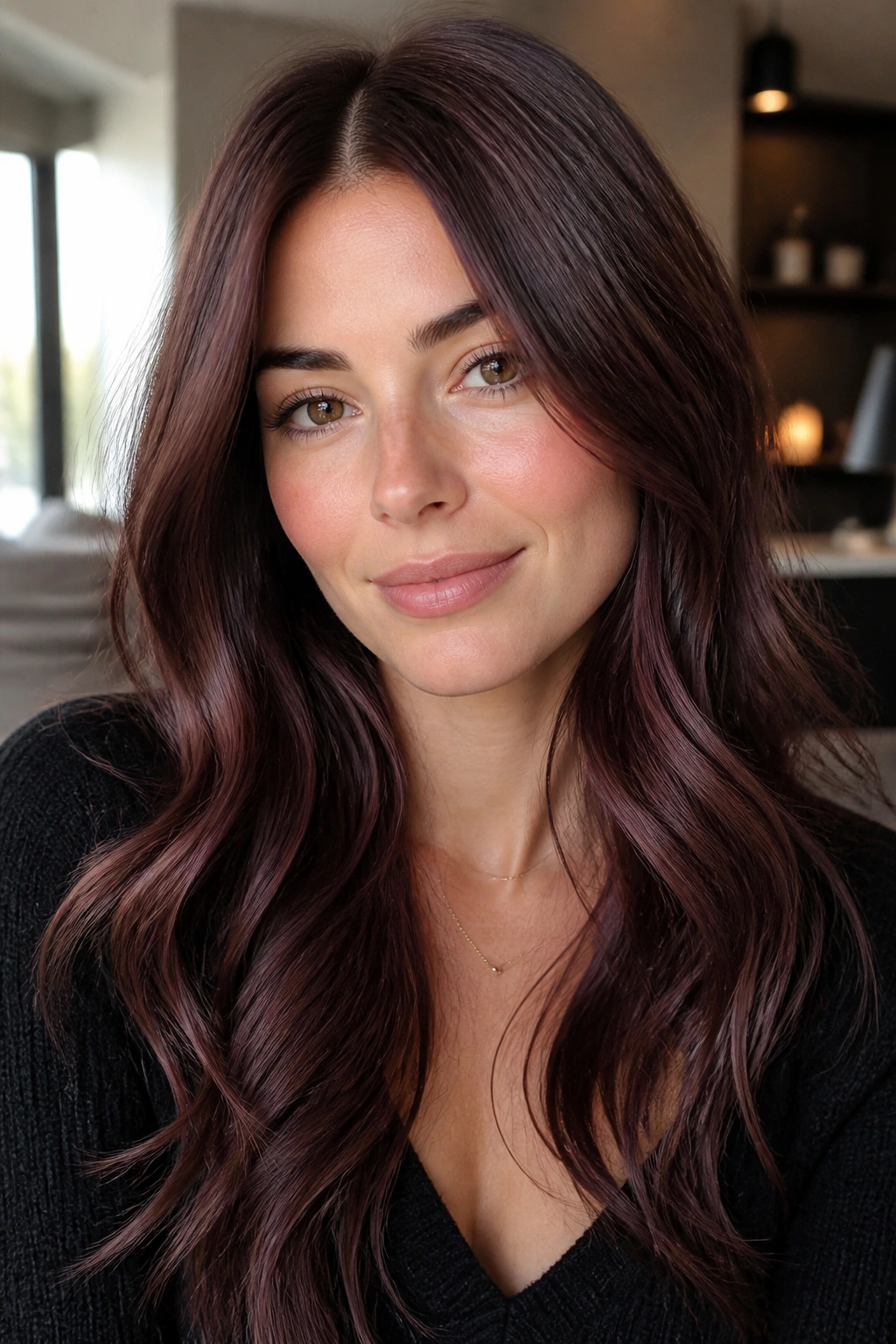 Close-up of a real person with violet-chestnut glaze on chestnut hair in soft natural light