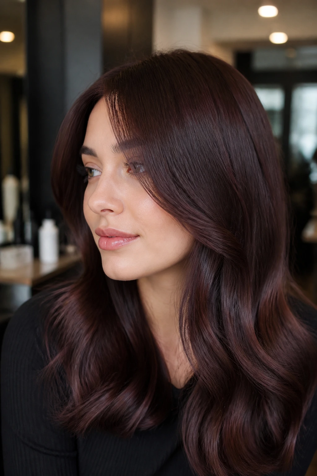 Real brunette with violet chocolate gloss for cool tone and brass reduction