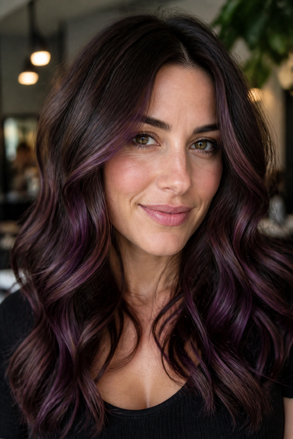 Close-up portrait of a real woman with cocoa base hair and violet balayage in a softly lit indoor setting.