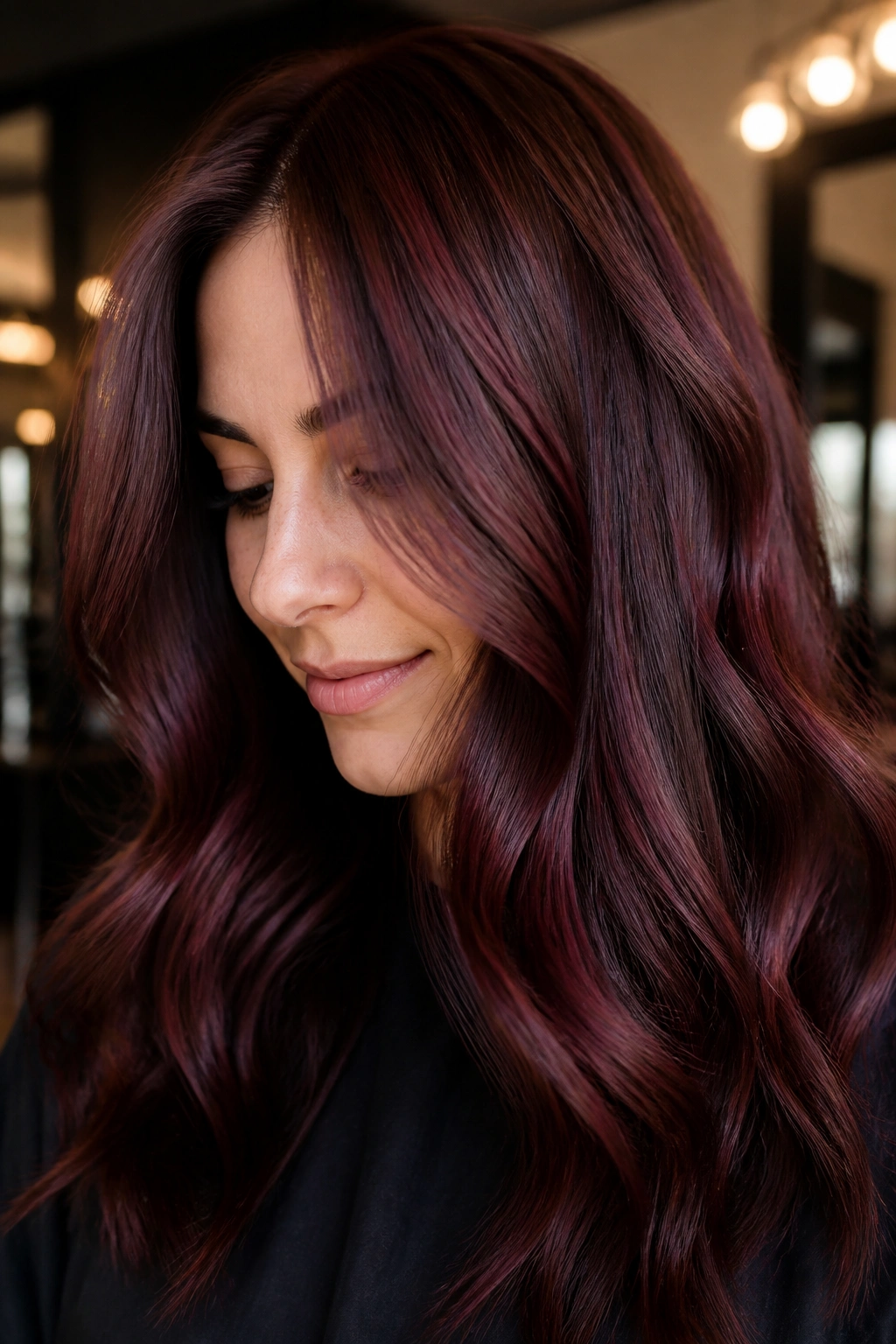 Close-up of a real person with violet-copper gloss on brown hair.