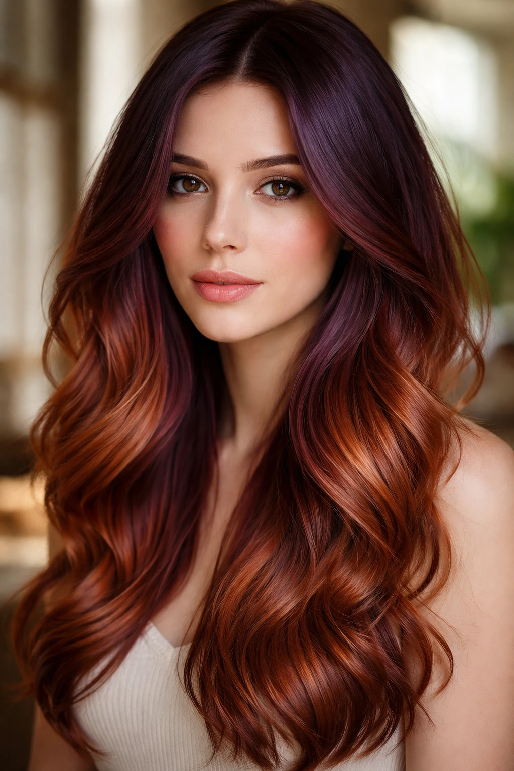 Close-up of violet-to-copper ombré hair on a cool skin tone.