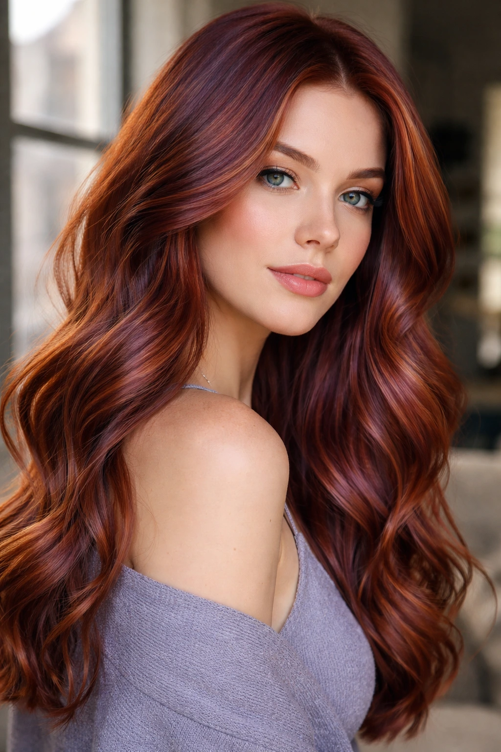 Close up of a real person with violet based copper hair and cool undertones.