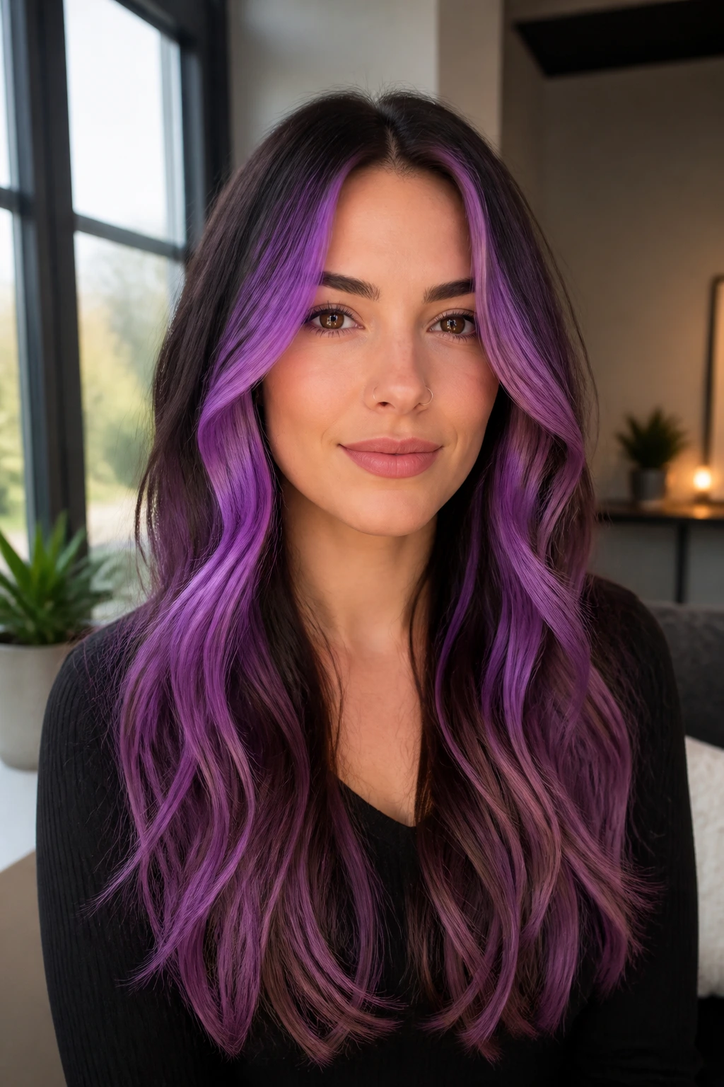 Close-up of a real woman with violet face-frame hair and softer ombre lengths.