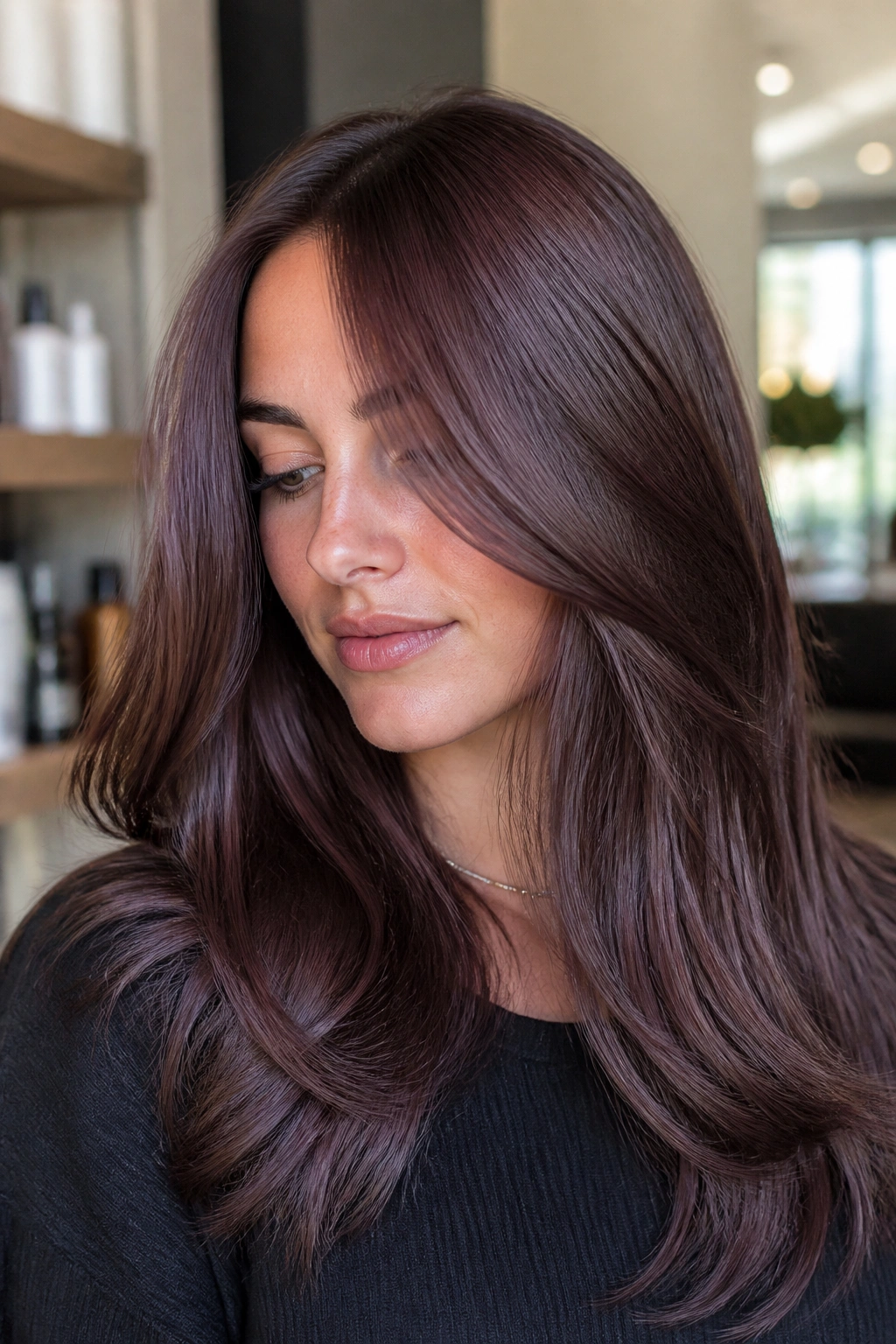 Close-up portrait of a real woman with violet-gl glazed brown hair under soft salon lighting