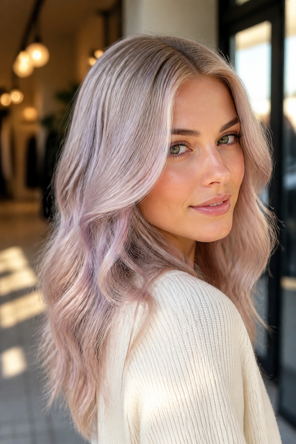 Close-up portrait of a real woman with violet-gloss champagne blonde hair.