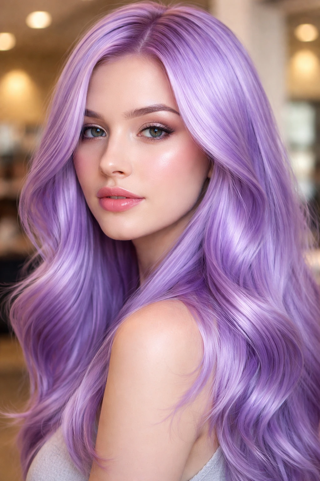 Close-up of a real person's hair with high-shine violet gloss and glossy pastel purple color