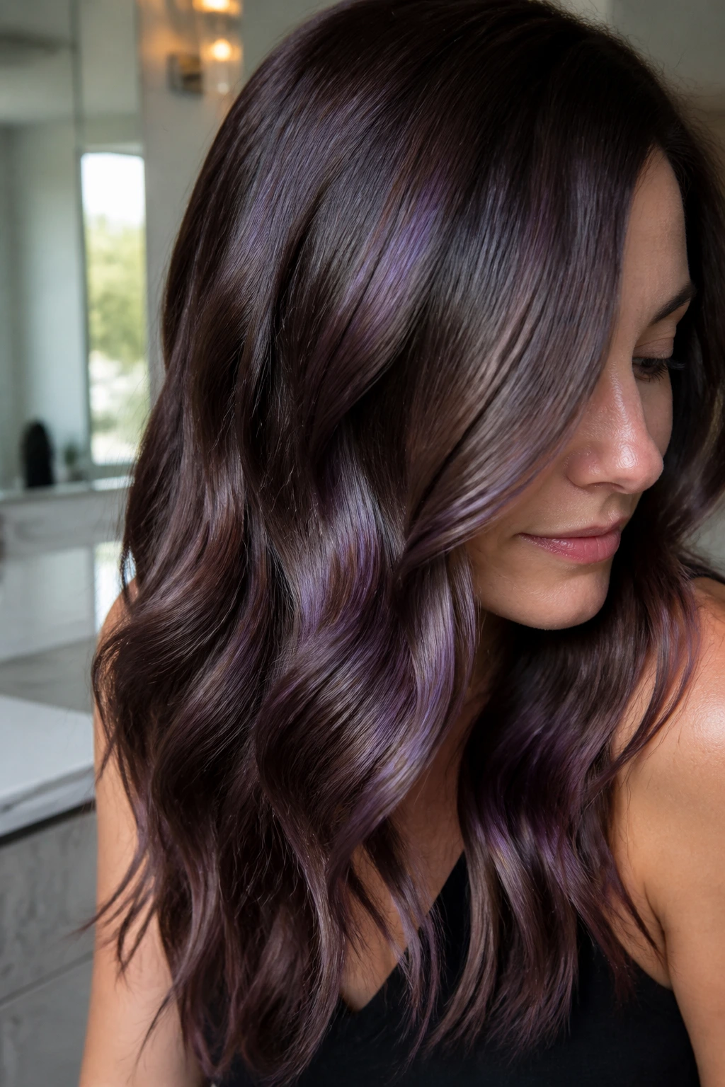 Hair with subtle violet gloss highlights providing soft plum shine