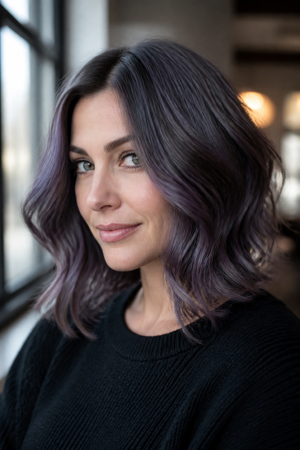 Close-up of a real person with soft violet graphite hair on cool skin under natural daylight