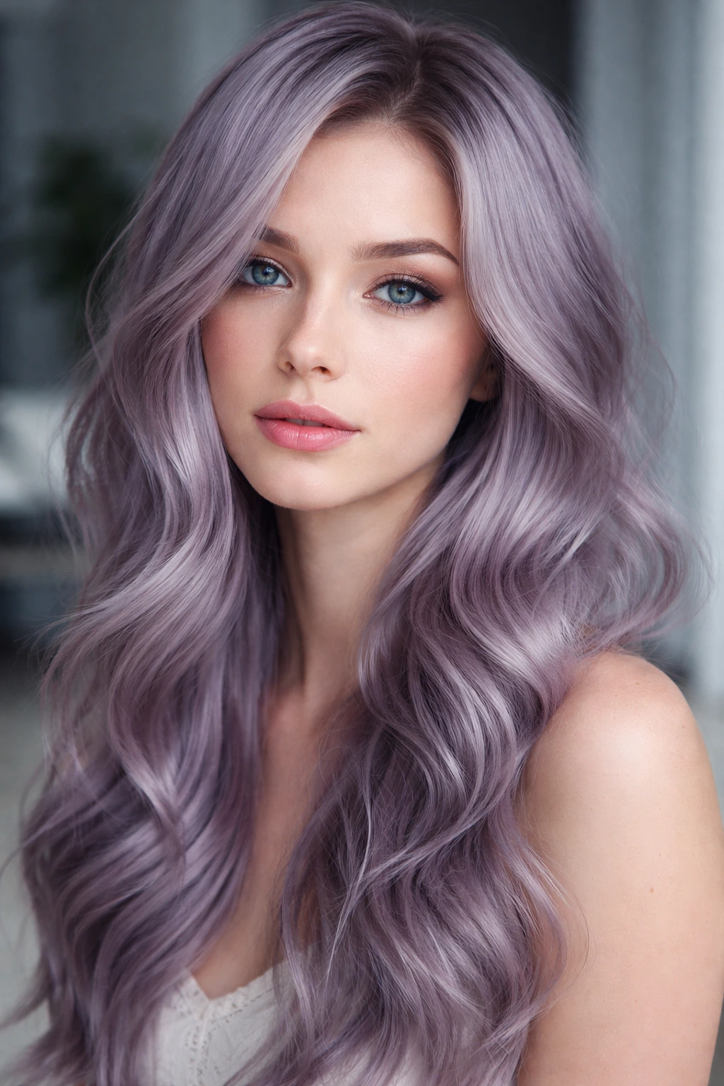 Close-up of violet-grey hair on a real person
