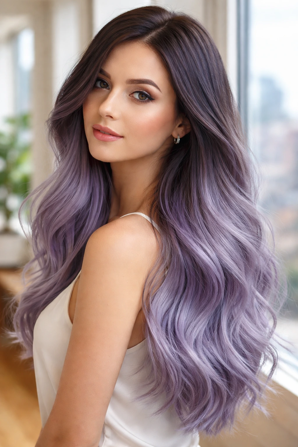 Portrait of a real woman with violet-grey ombre hair and dark roots