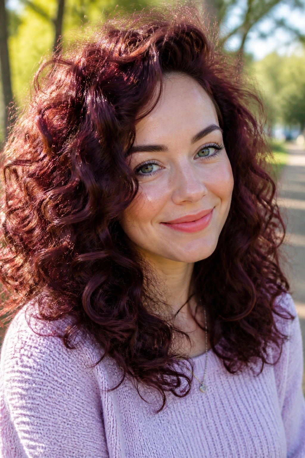 Close-up of violet-infused auburn curls on a real person.