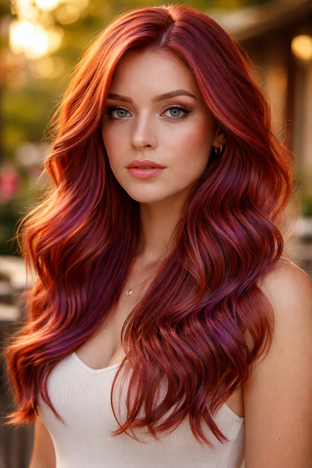 Close-up portrait of a woman with violet-infused copper hair outdoors at golden hour.