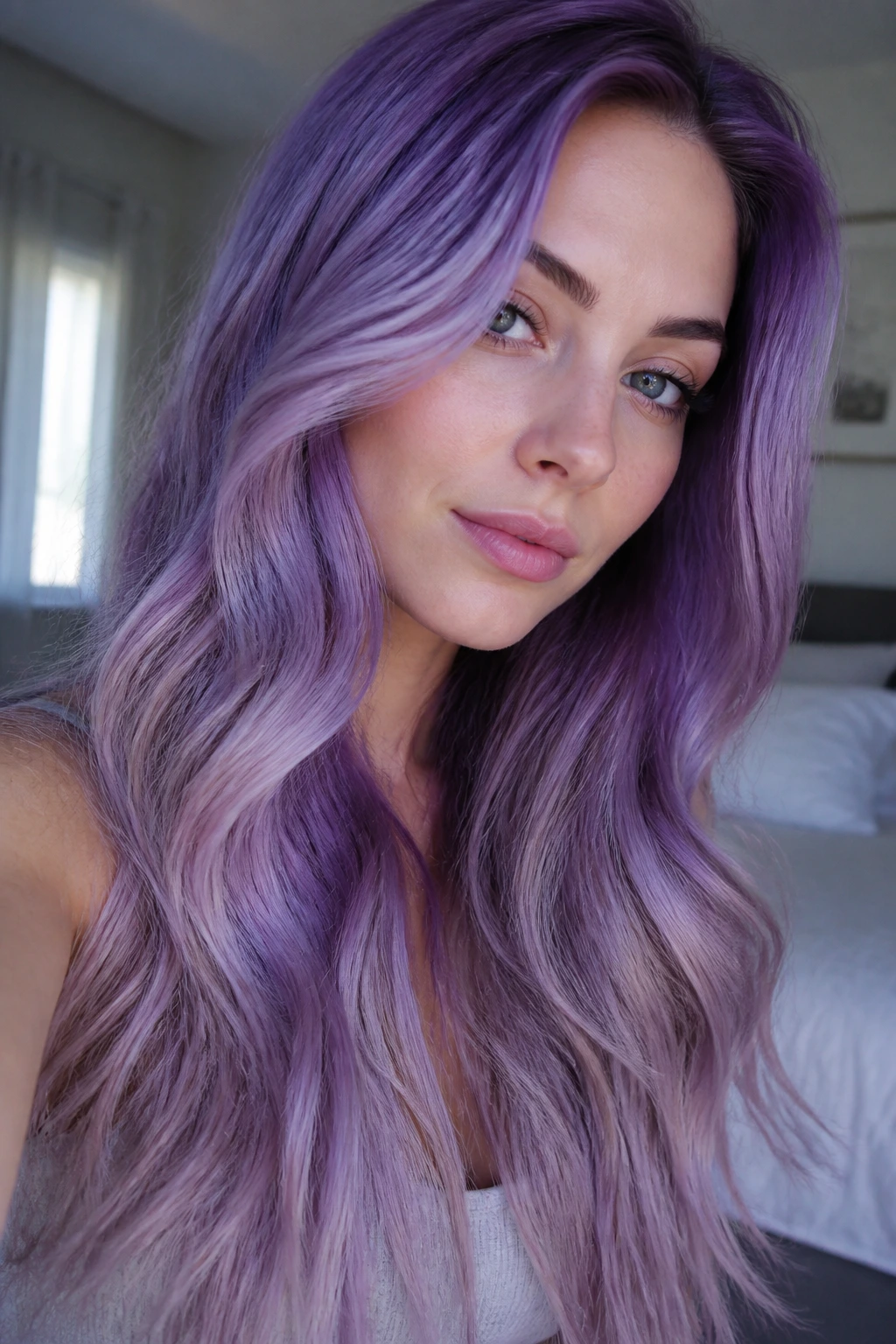 Close-up of a woman's face framed by violet-infused lavender hair in true purple shade
