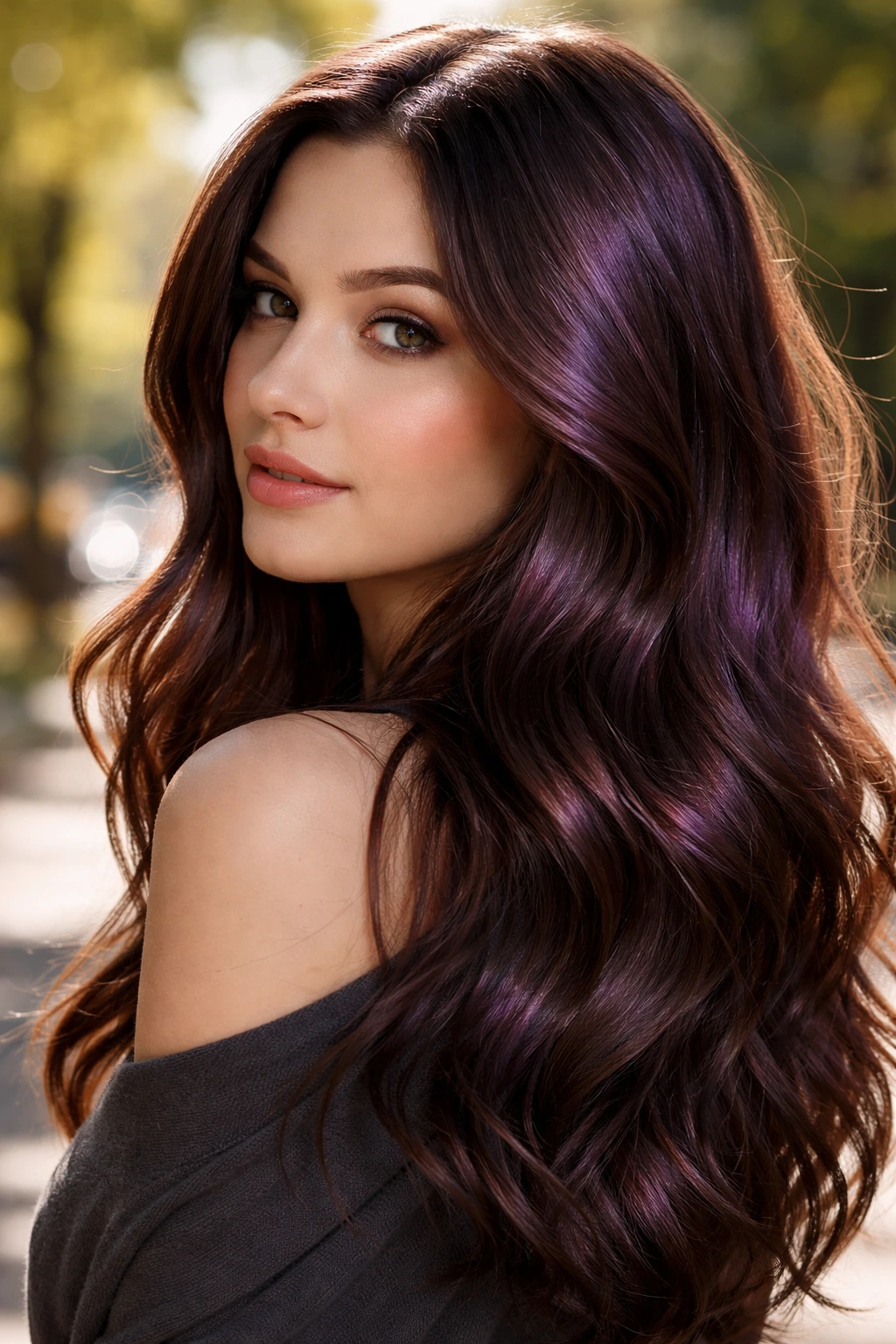 Close-up of a real person with violet-infused chocolate brown hair in sunlight.