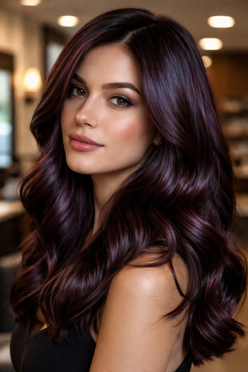Close-up of brunette hair with violet-mahogany glaze and glossy shine