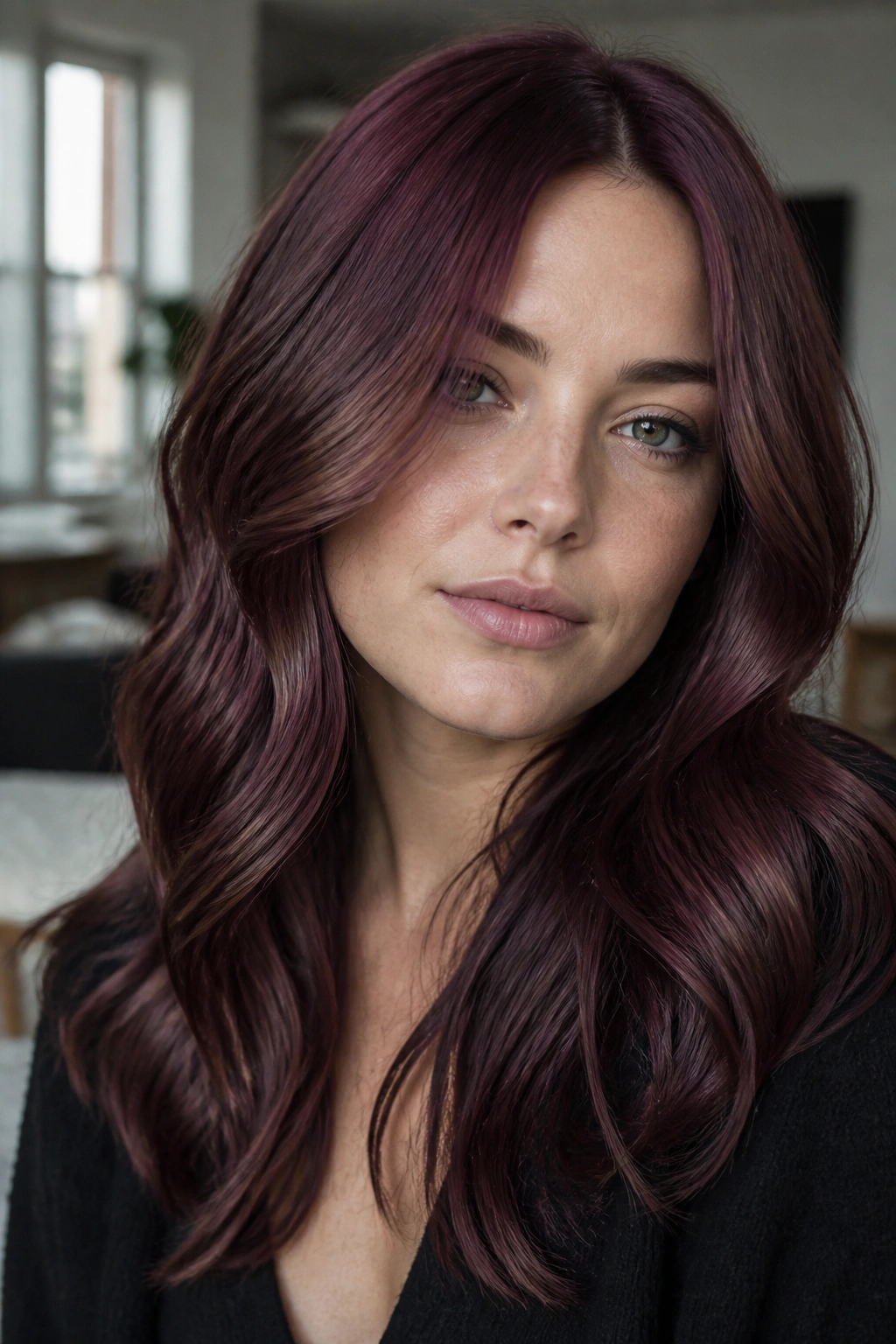 Close-up of a real woman with violet-tinged mahogany gloss hair on cool skin