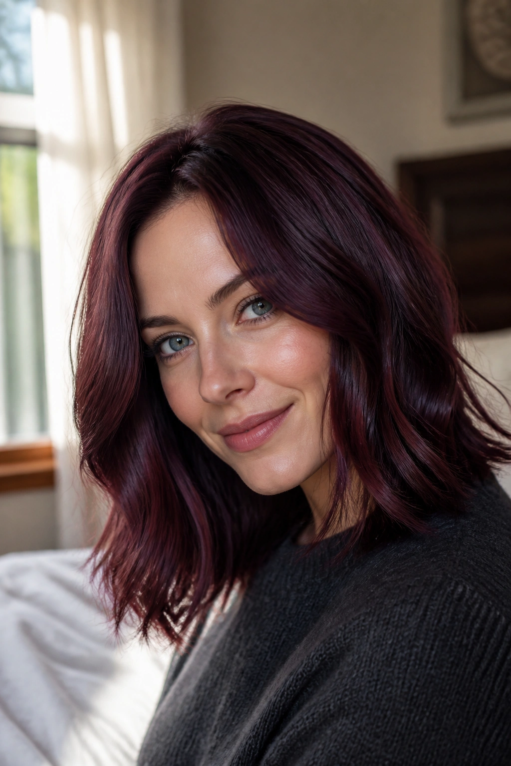 Close-up portrait of a woman with violet-infused mahogany brown hair and cool skin tone.