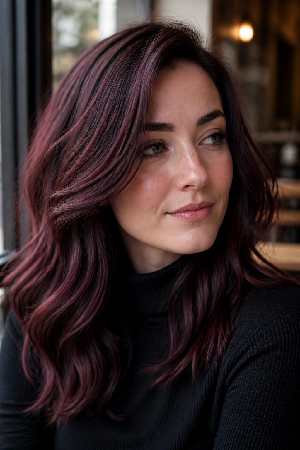 Close-up of a real woman with violet-infused mahogany hair and cool undertones