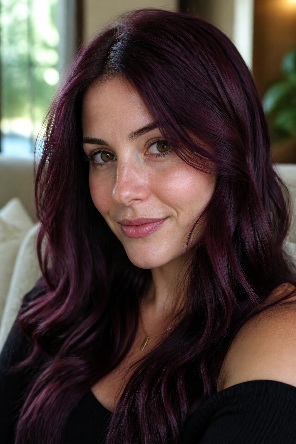 Close-up portrait of a real woman with violet merlot hair in soft waves