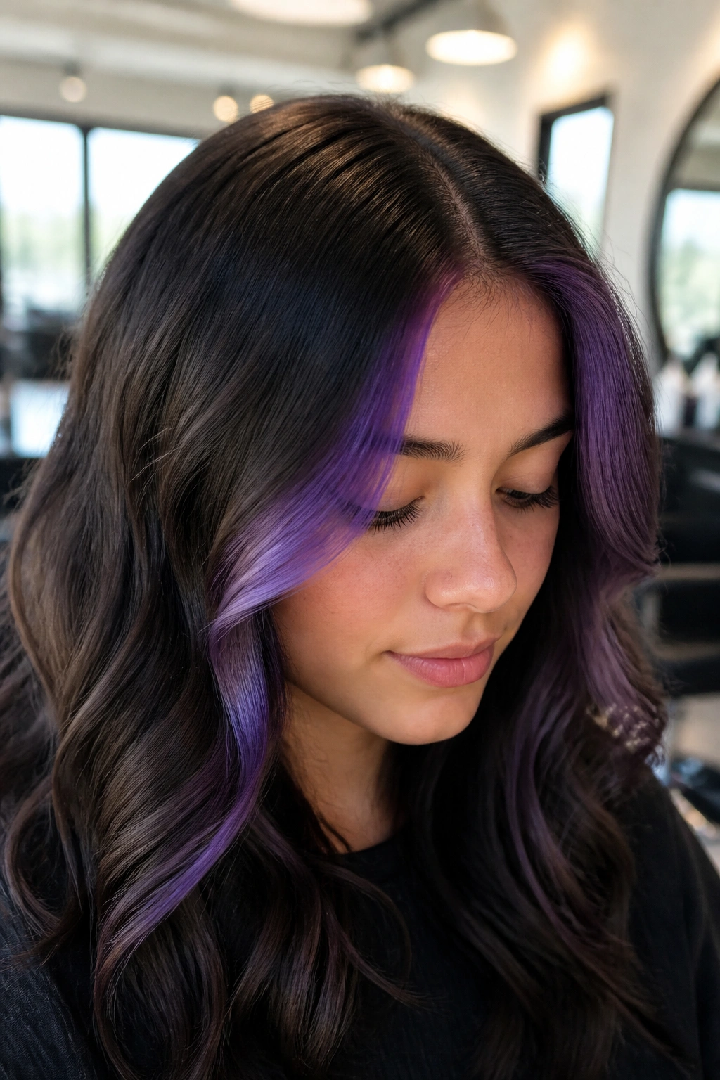 Portrait of woman with violet money piece and brunette base