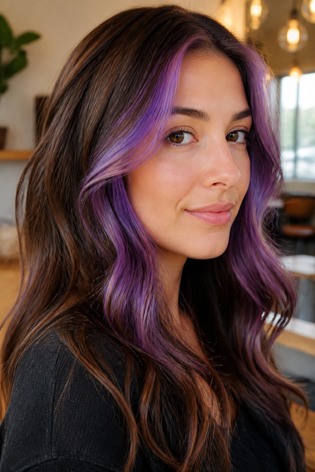 Close-up portrait of a real woman with violet money piece balayage