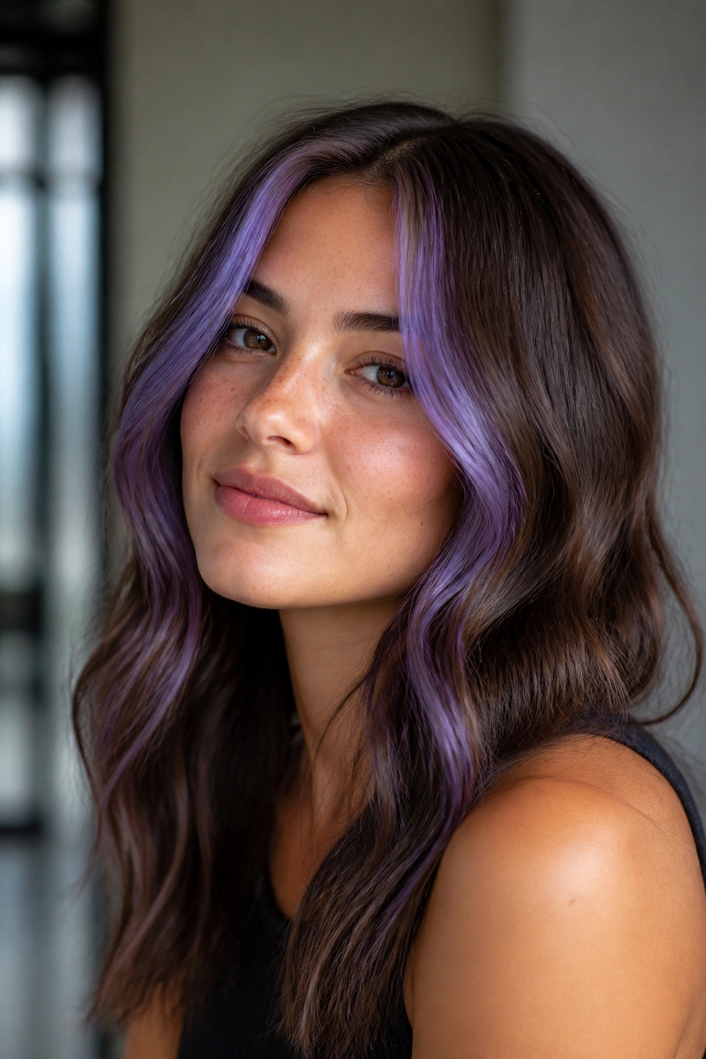 Portrait showing violet face-framing pieces blending with brown hair.