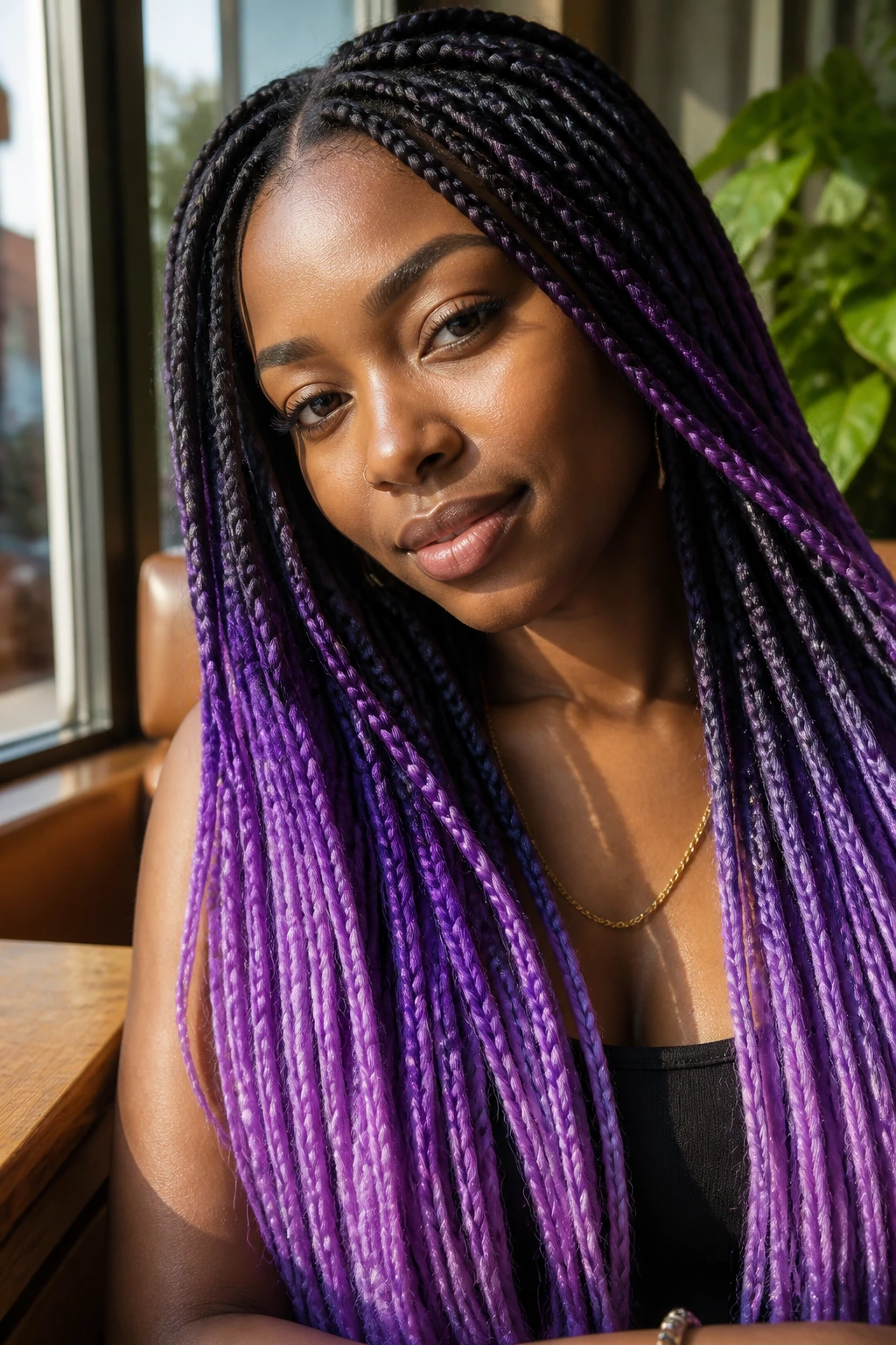 Close-up of a real woman with long violet Ombre braids, gradient from dark roots to purple tips