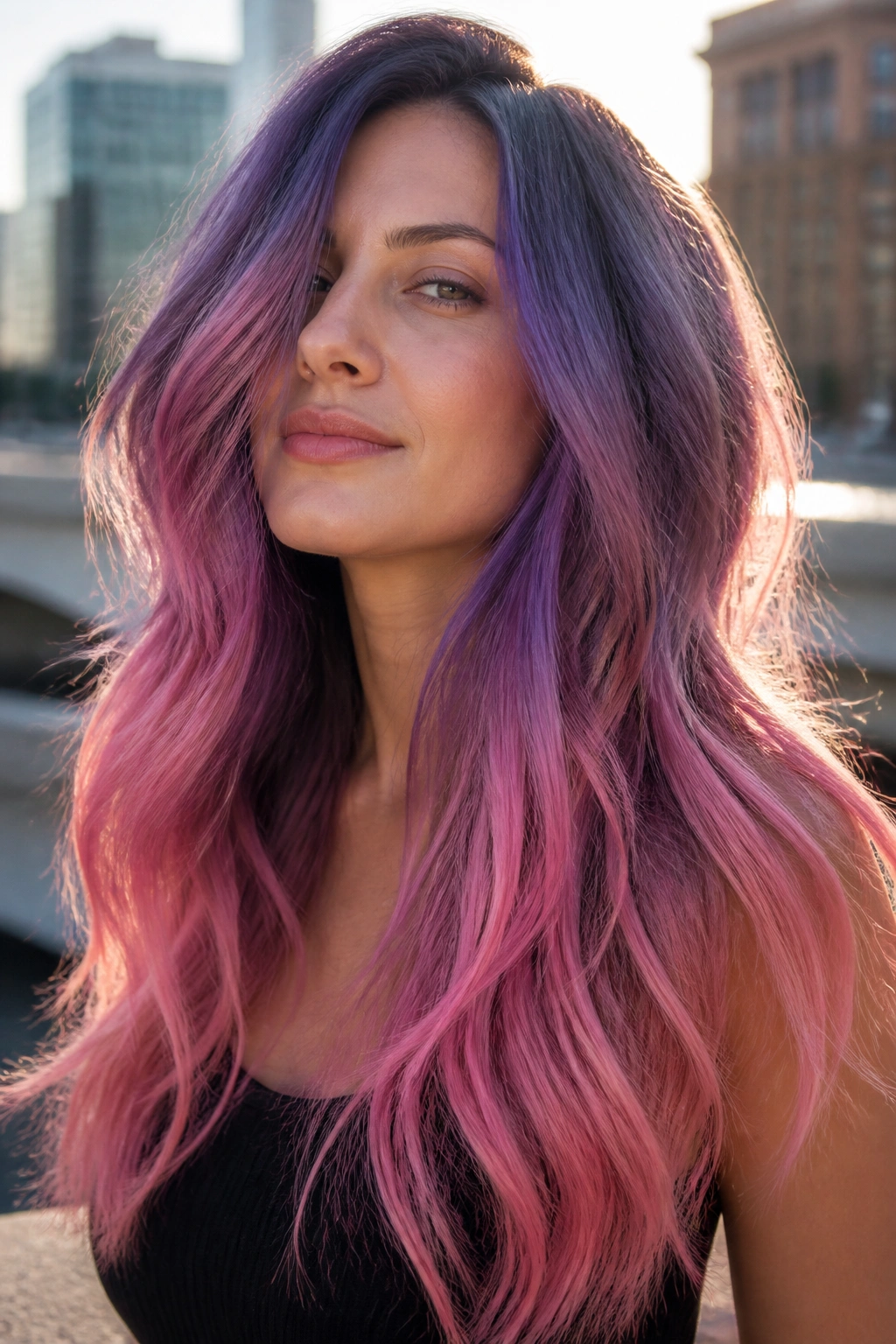 Close-up portrait of long layered hair with violet near the crown and pink tips outdoors
