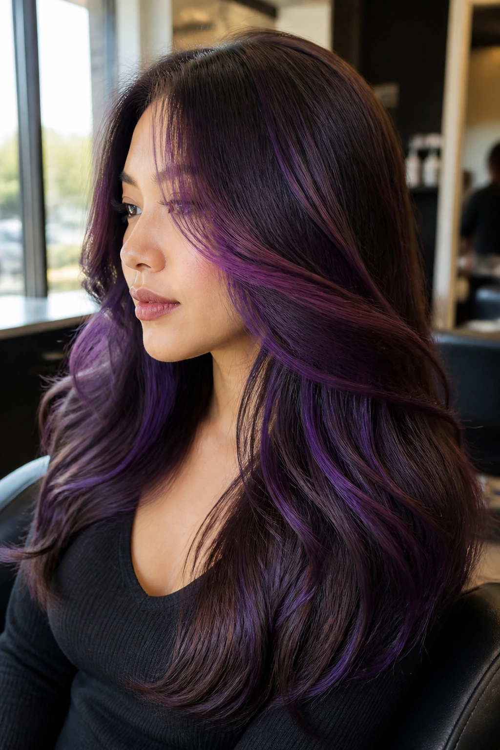 Close-up of thick brunette hair with jewel-tone violet panels