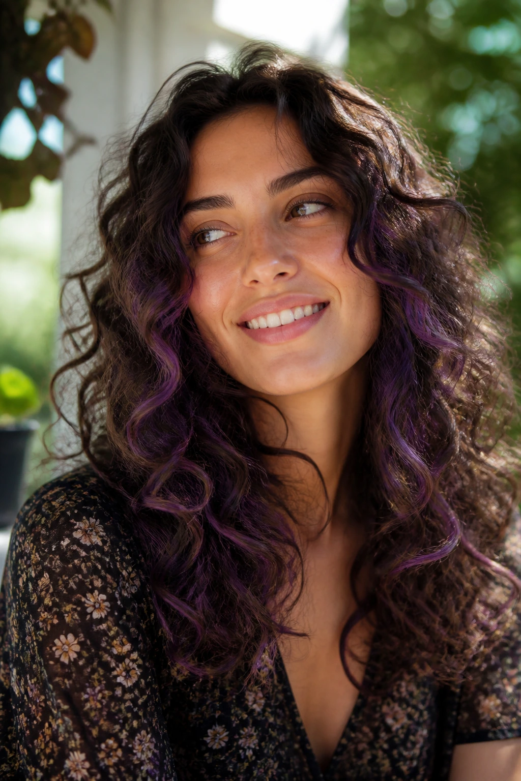 Close-up of curly hair with violet peek-through highlights in natural light setting.