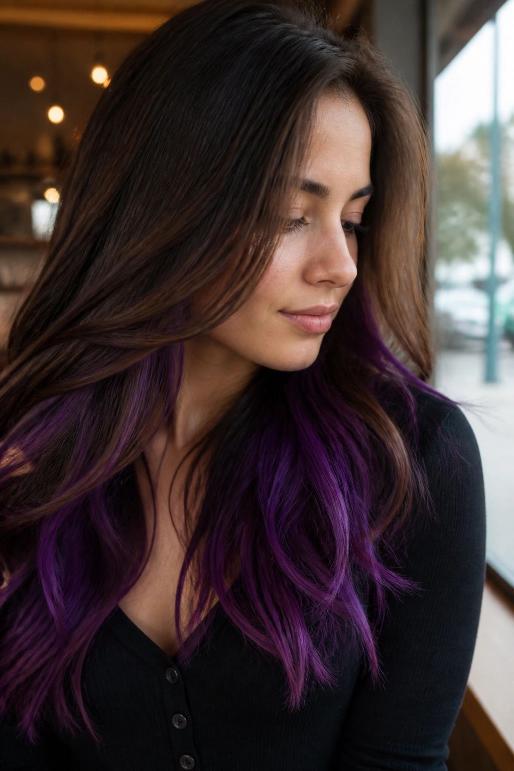 Portrait showing violet peekaboo ends beneath the top hair layer