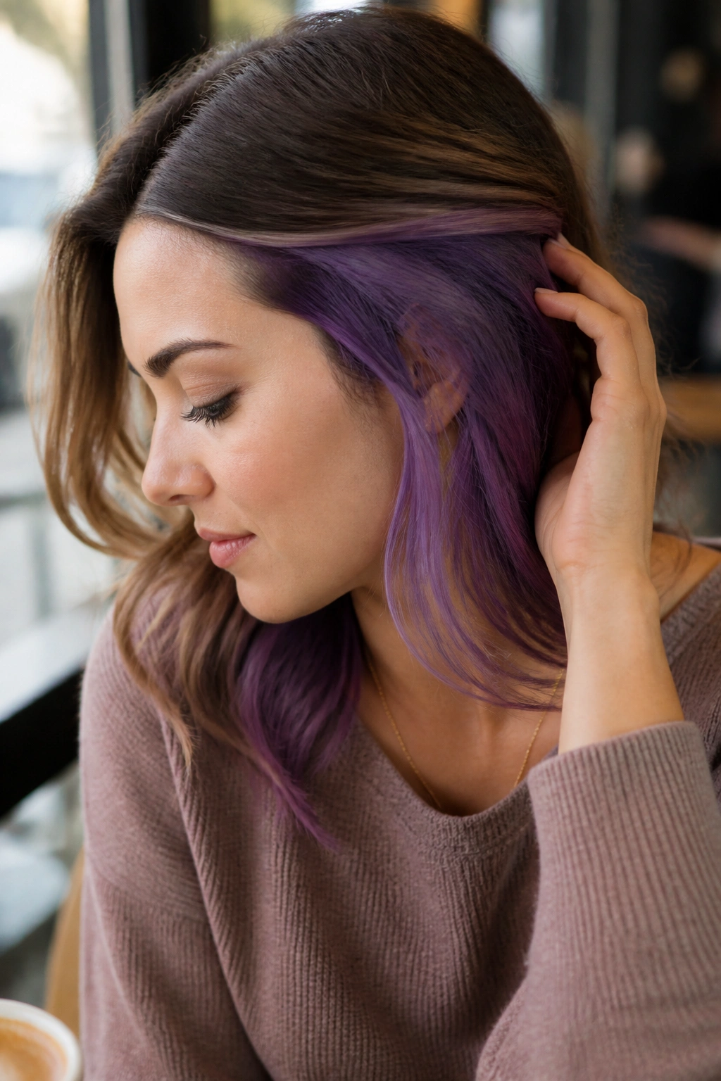 Close-up of a real woman with violet peekaboo panels under top hair.