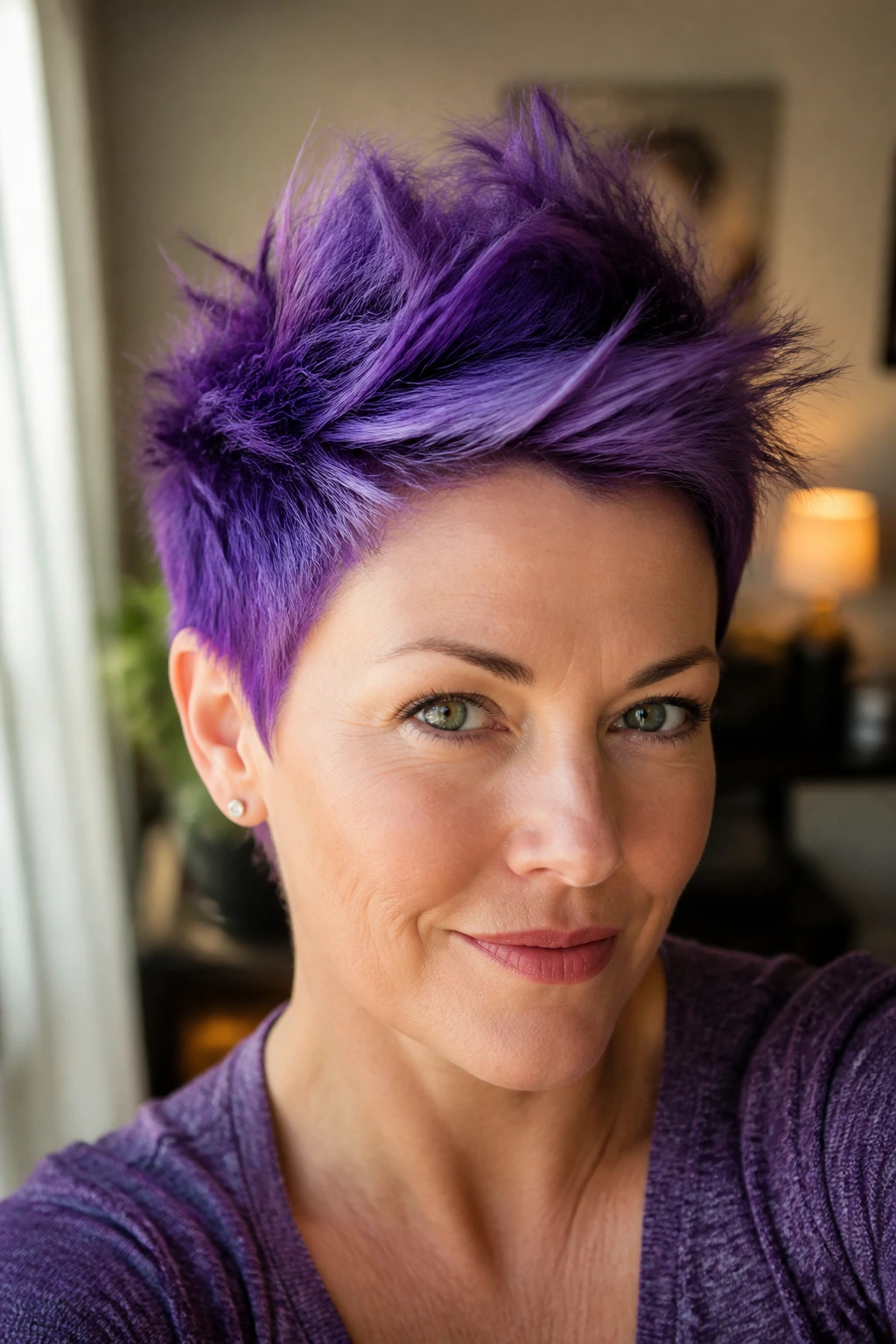 Close-up portrait of a real woman with violet pixie and lifted crown