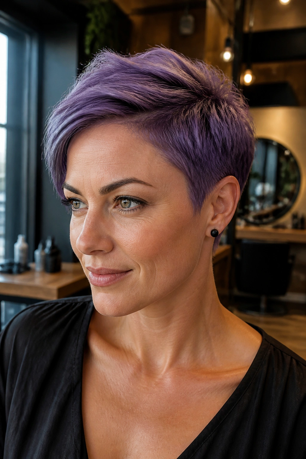 Close-up of a real woman with violet tapered pixie and ear tuck