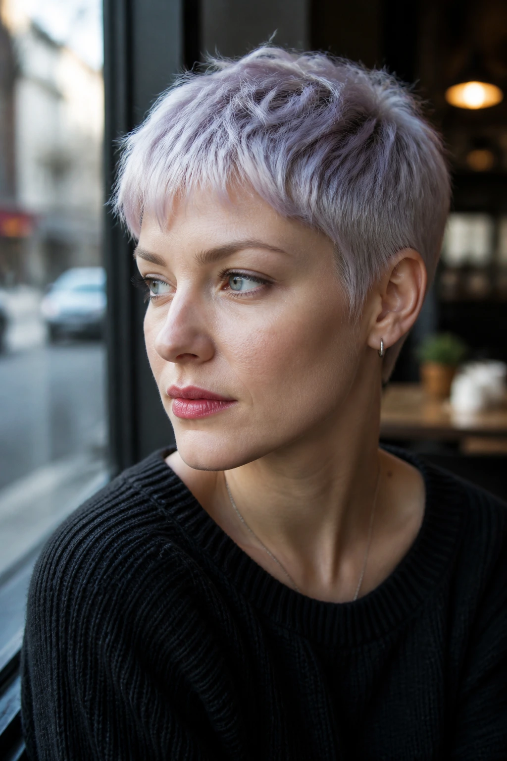 Close-up of a real person with violet-platinum cropped hair.