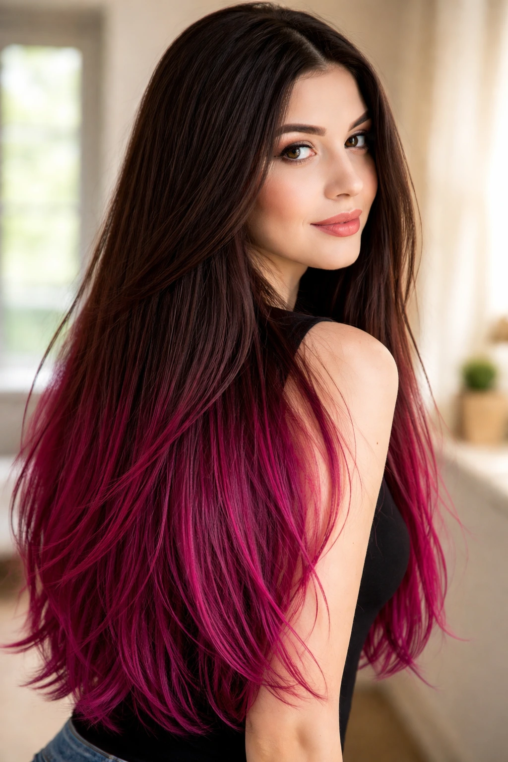 Close-up portrait showing vibrant violet-red dip-dye on long hair.