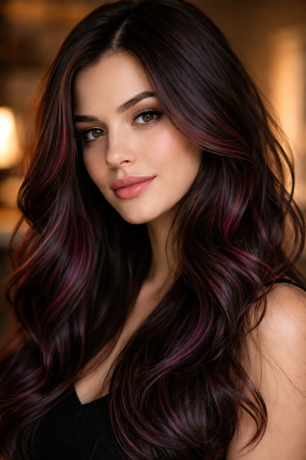 Hair with violet-red lowlights adding depth.