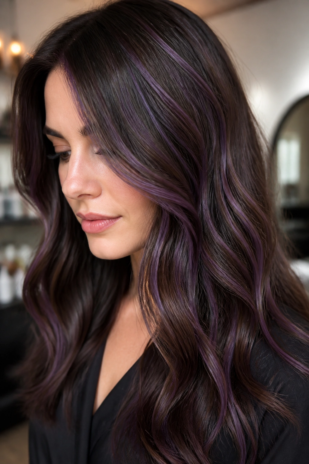 Close-up portrait of a real woman with violet ribbons woven into chocolate brown hair.