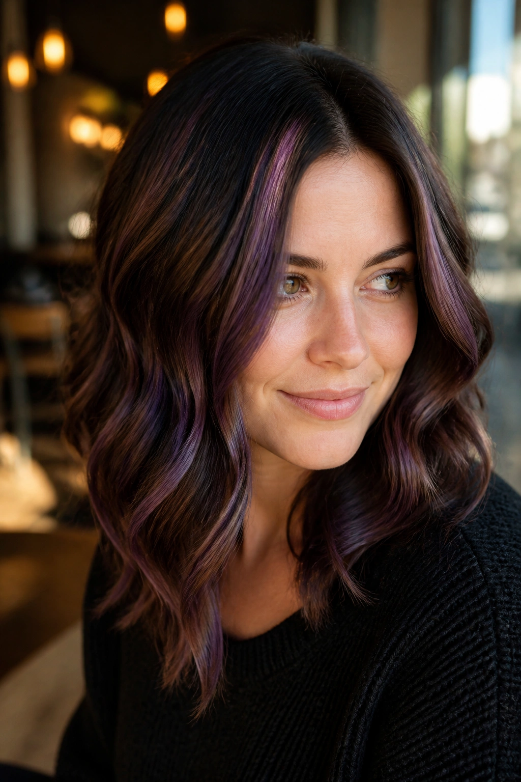 Close-up of wavy hair with violet brown ribbons framing a round face