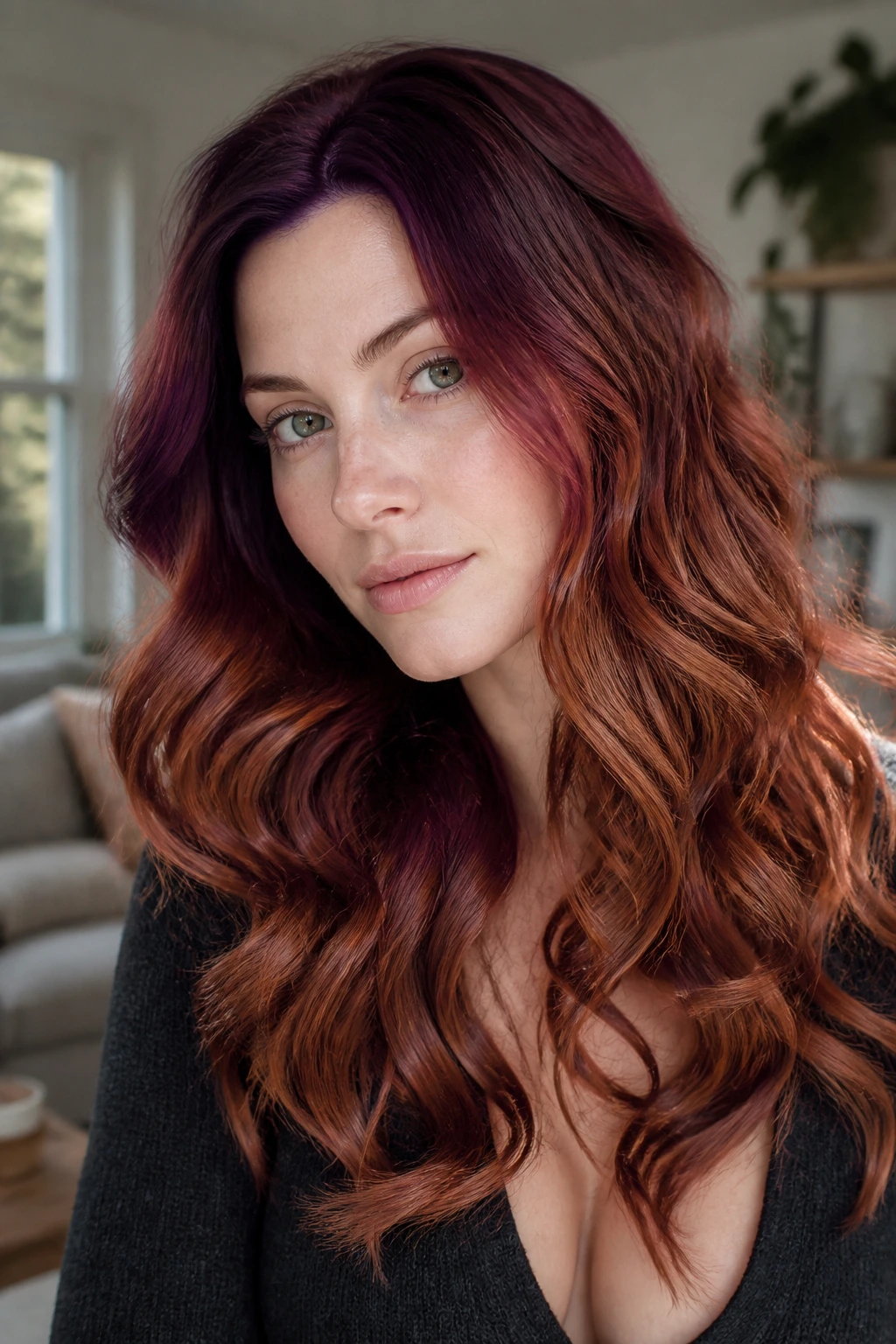 Close-up of real person with violet-rooted auburn hair and soft curls