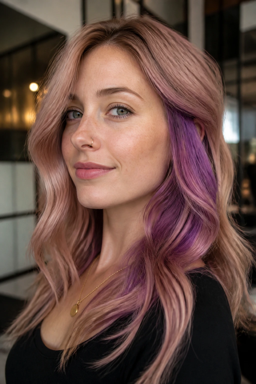Close-up of a real person showing a violet-rose color block in the hair under the top layer
