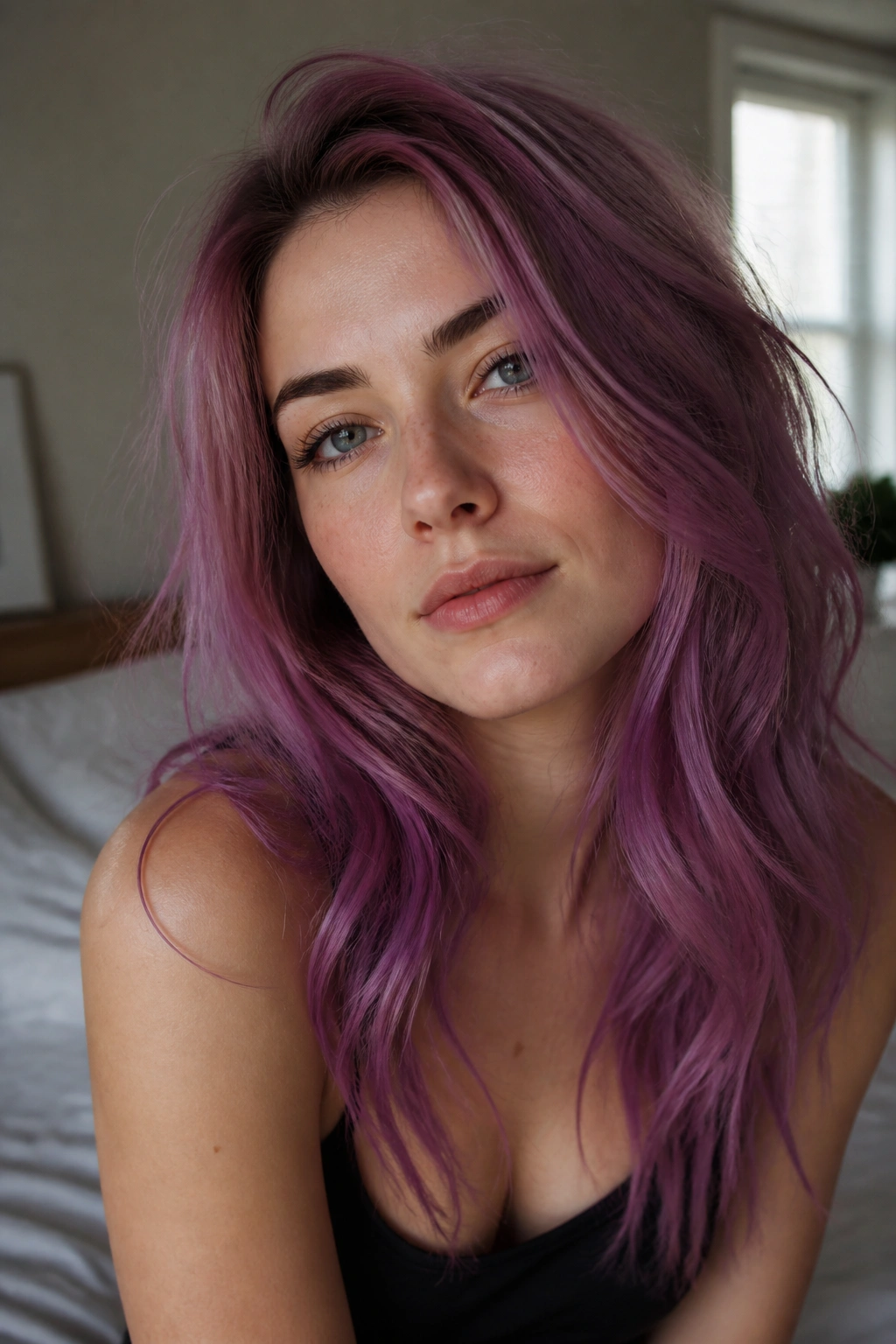 Close-up portrait of a real woman with violet rose hair in soft window light